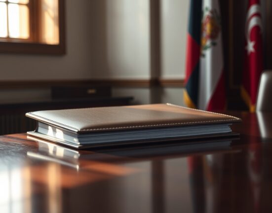 Closed diplomatic document folder on a table in a government office, symbolizing the unfinished Iran-U.S. MOU.
