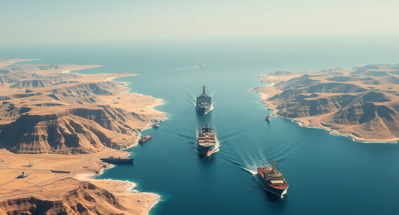 Aerial view of the strategic Strait of Hormuz, a critical global oil chokepoint at the center of the Iran US naval blockade dispute.