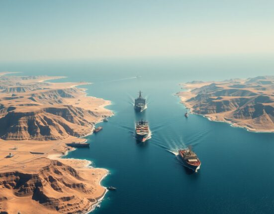 Aerial view of the strategic Strait of Hormuz, a critical global oil chokepoint at the center of the Iran US naval blockade dispute.