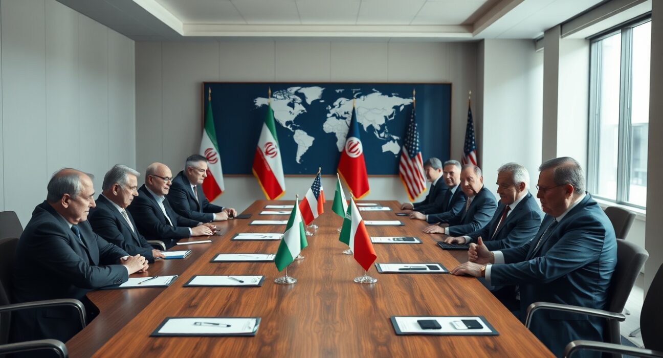 Diplomatic meeting between Iranian and US officials in a conference room with documents and flags