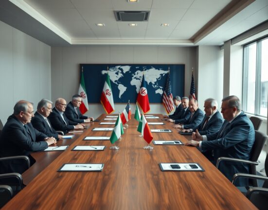 Diplomatic meeting between Iranian and US officials in a conference room with documents and flags