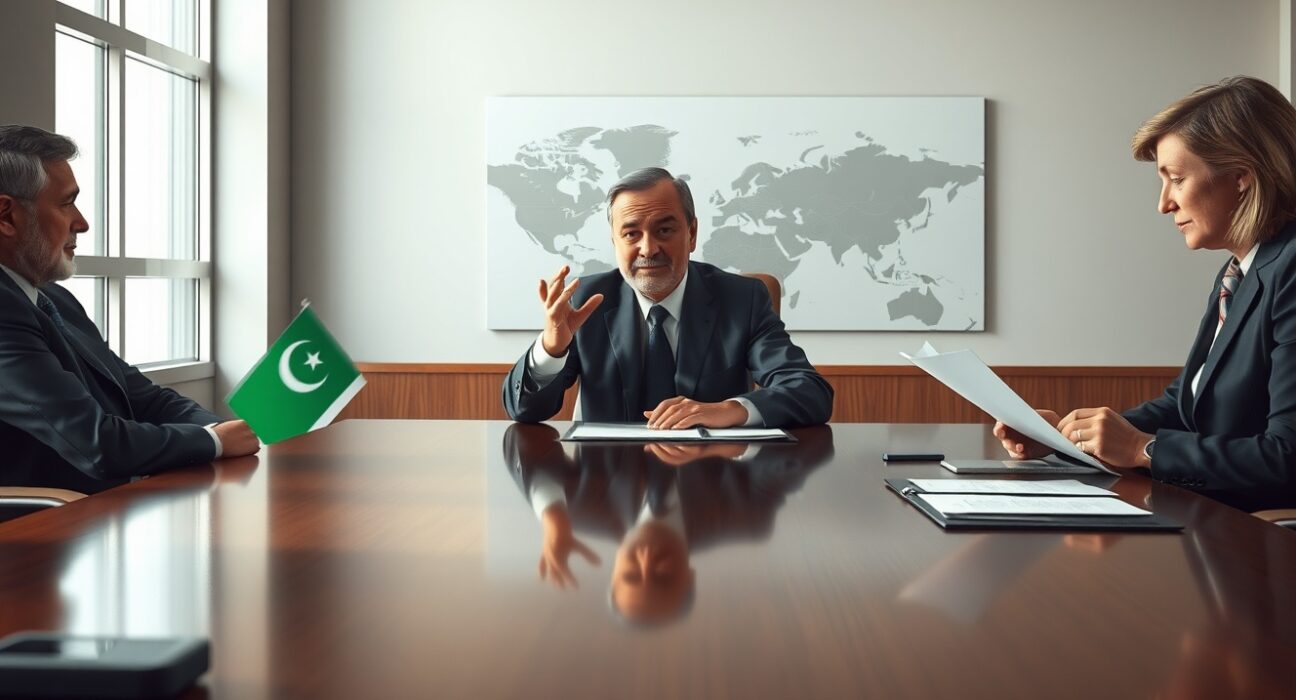 Diplomatic meeting between Iranian, Pakistani, and US officials for critical negotiations.