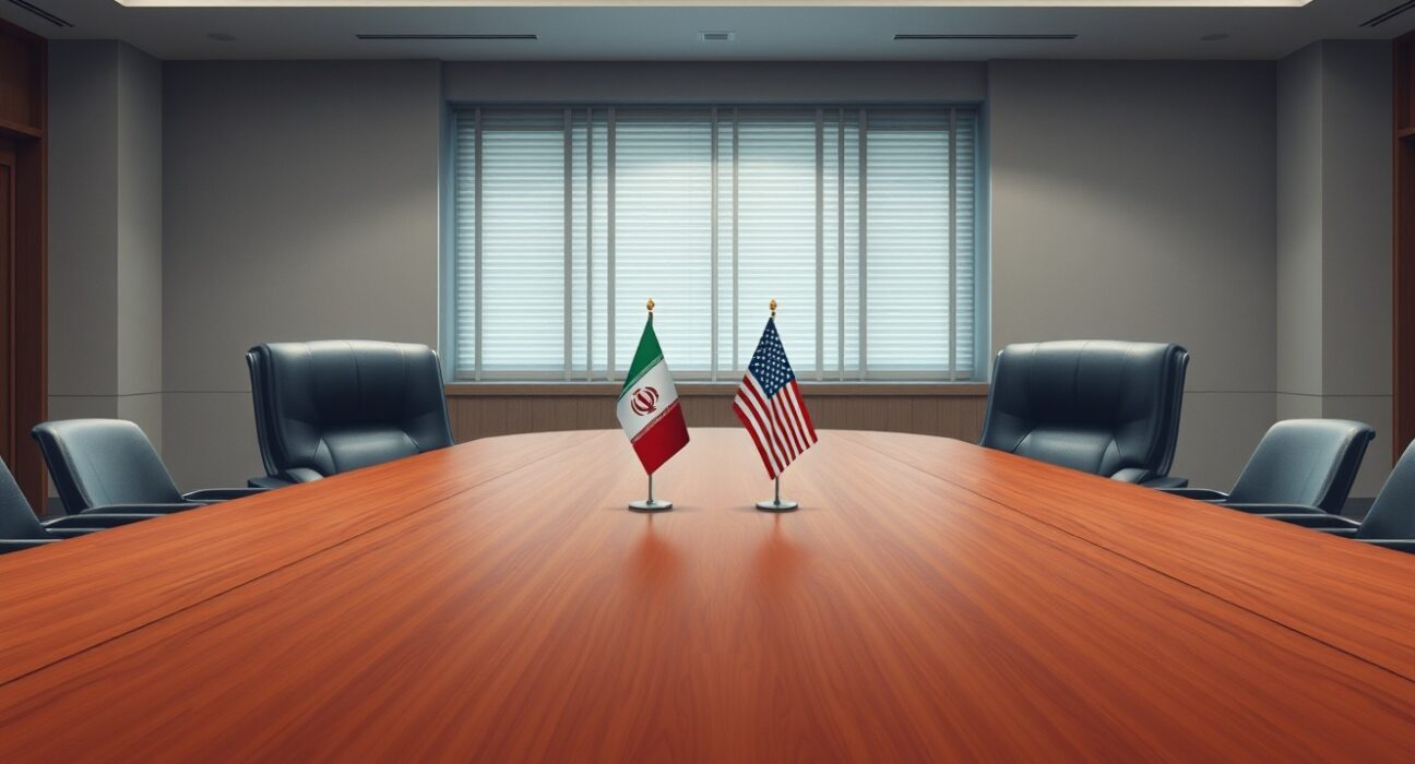 Empty negotiation table between Iran and the United States symbolizing the lack of diplomatic contact.