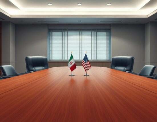 Empty negotiation table between Iran and the United States symbolizing the lack of diplomatic contact.