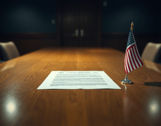 Diplomatic document with US and Iranian flags in a meeting room, symbolizing nuclear negotiations.