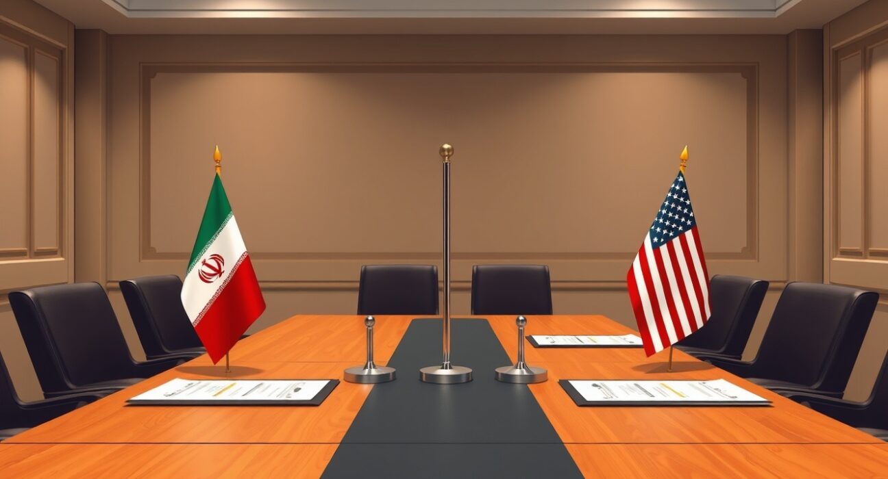 Diplomatic setting for Iran US nuclear talks in Islamabad with flags on a conference table.