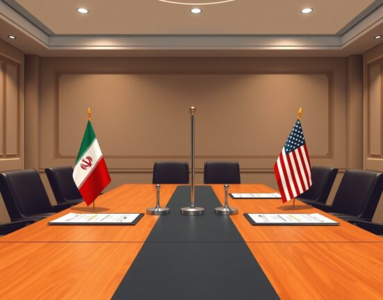 Diplomatic setting for Iran US nuclear talks in Islamabad with flags on a conference table.
