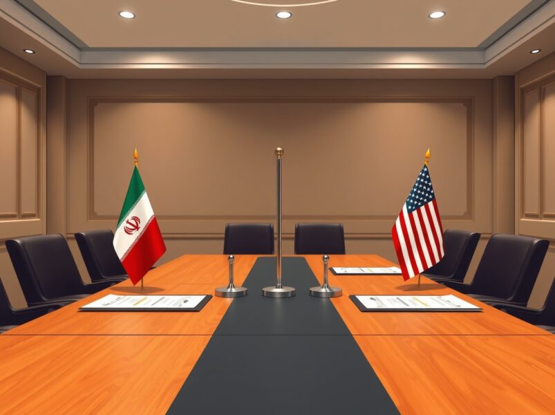 Diplomatic setting for Iran US nuclear talks in Islamabad with flags on a conference table.