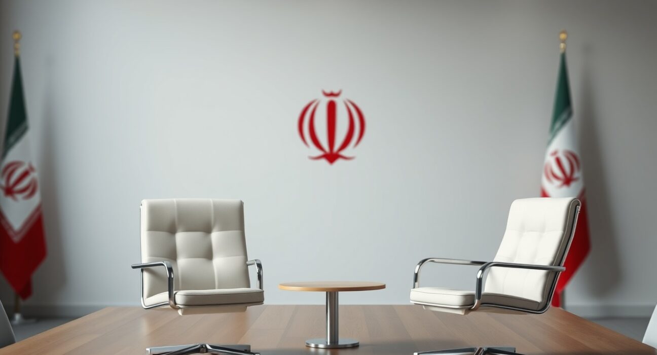 Empty diplomatic meeting room with Iranian flag, symbolizing ongoing US-Iran nuclear talks.