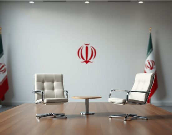 Empty diplomatic meeting room with Iranian flag, symbolizing ongoing US-Iran nuclear talks.