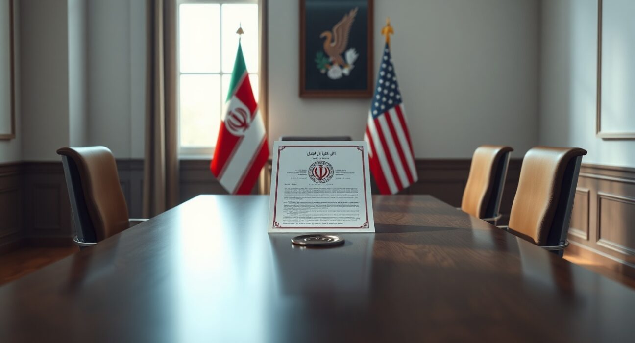 Diplomatic document with US and Iran flags on a table in a meeting room