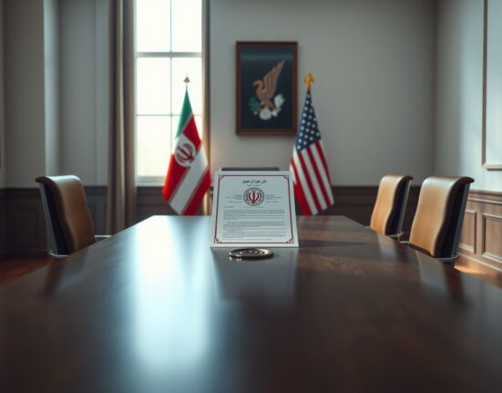 Diplomatic document with US and Iran flags on a table in a meeting room
