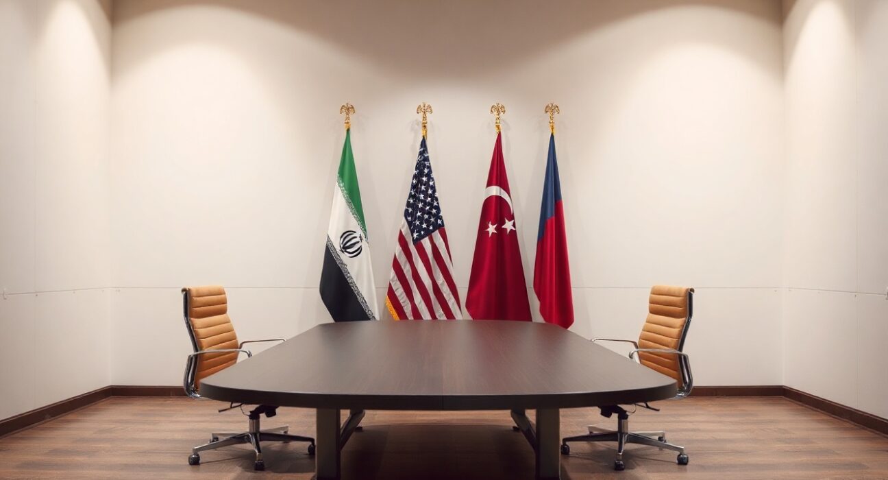 Empty diplomatic meeting room in Doha with flags of Iran, US, and Qatar