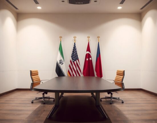 Empty diplomatic meeting room in Doha with flags of Iran, US, and Qatar