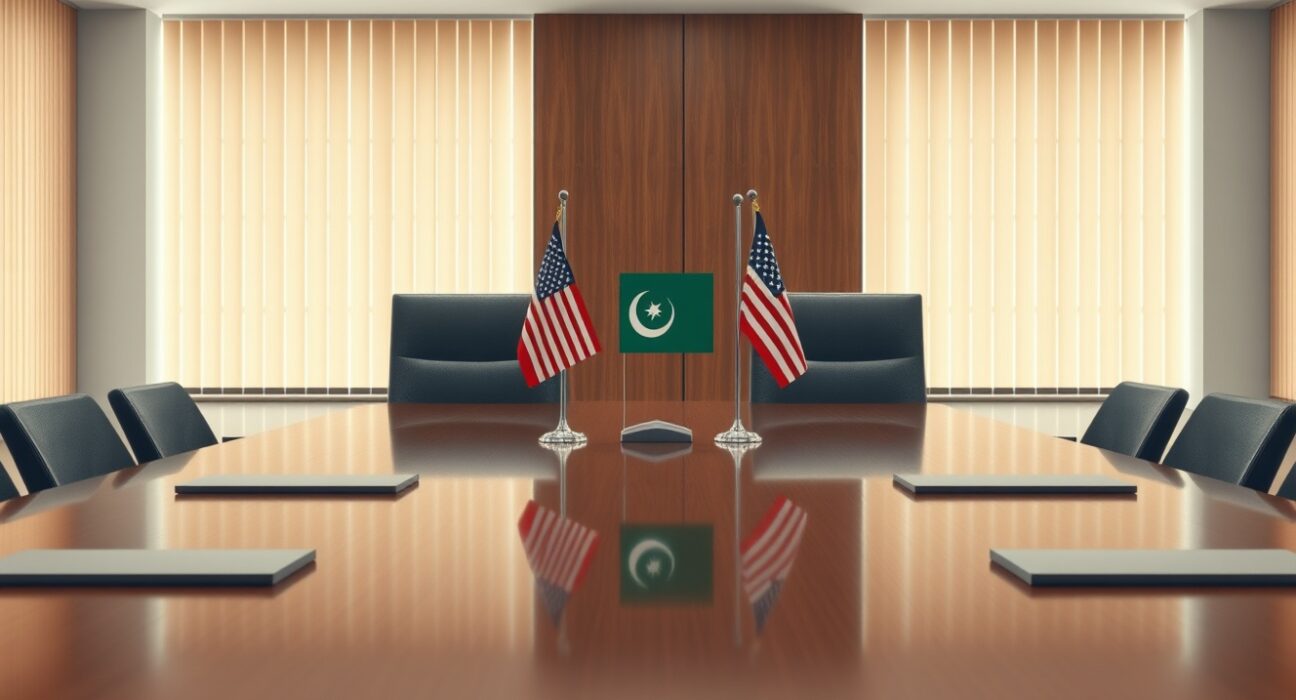 Diplomatic meeting setup for Iran US peace talks with Pakistan mediation flags on negotiation table