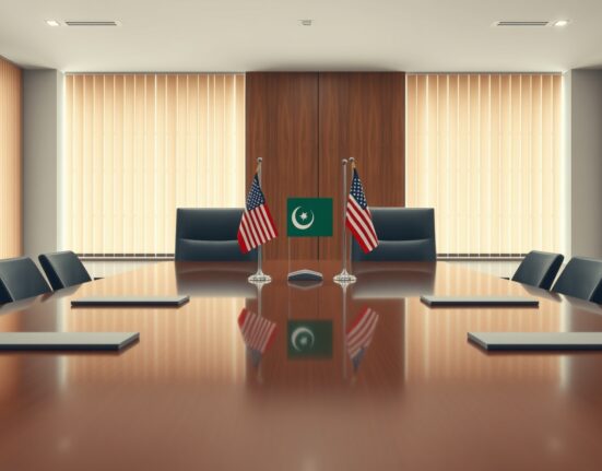 Diplomatic meeting setup for Iran US peace talks with Pakistan mediation flags on negotiation table