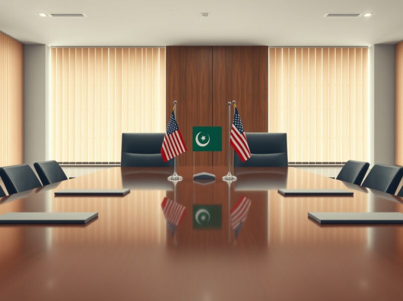 Diplomatic meeting setup for Iran US peace talks with Pakistan mediation flags on negotiation table