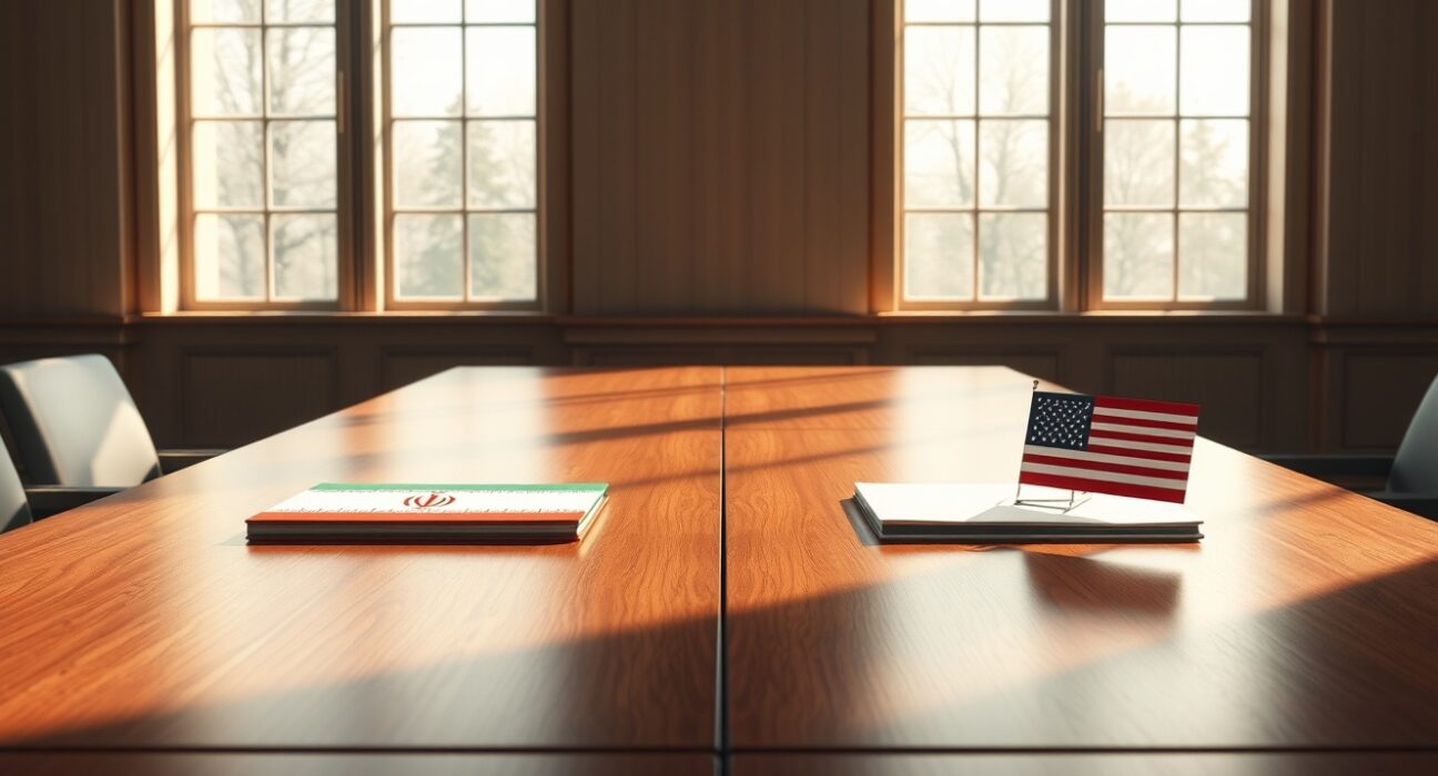 Symbolic representation of potential Iran US peace talks with diplomatic folders on negotiation tables.