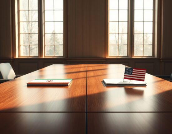 Symbolic representation of potential Iran US peace talks with diplomatic folders on negotiation tables.