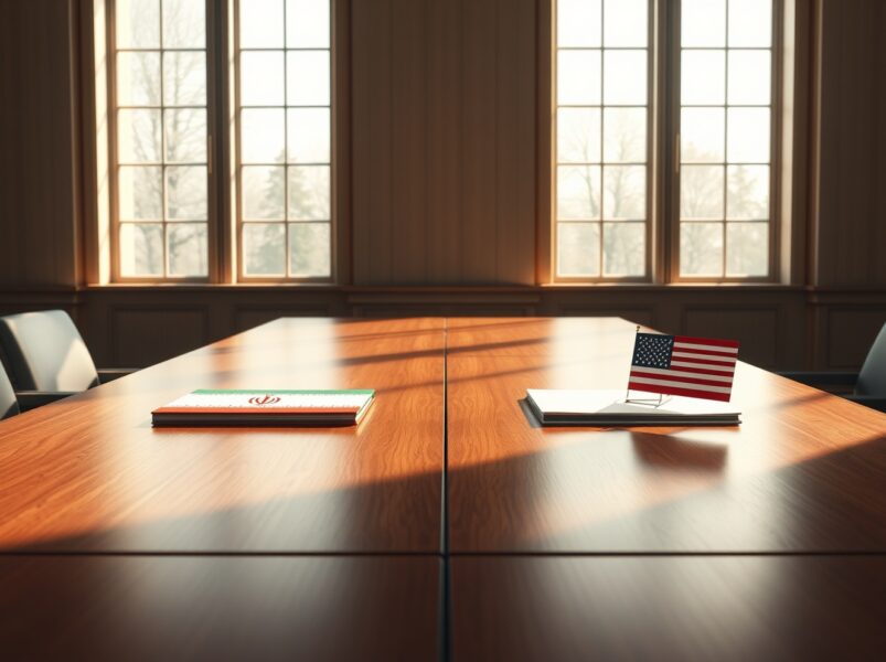 Symbolic representation of potential Iran US peace talks with diplomatic folders on negotiation tables.
