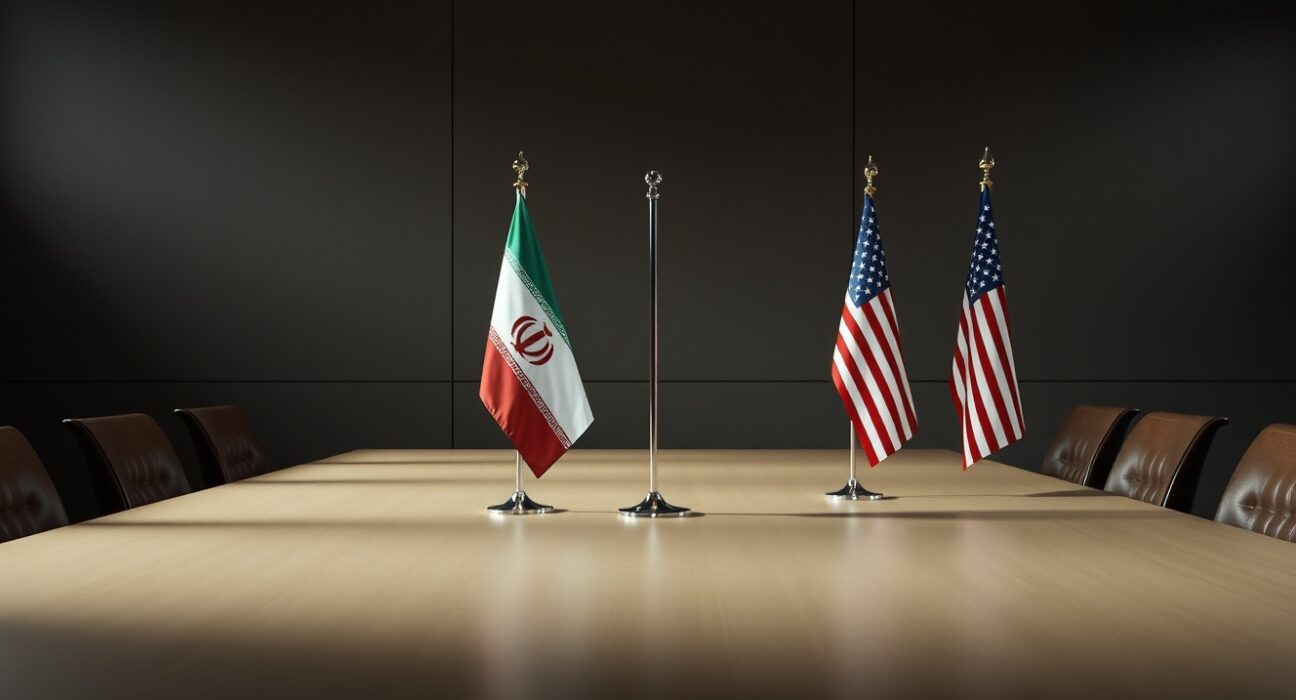 Iranian and American flags in a dimly lit diplomatic meeting room, representing ongoing negotiations.