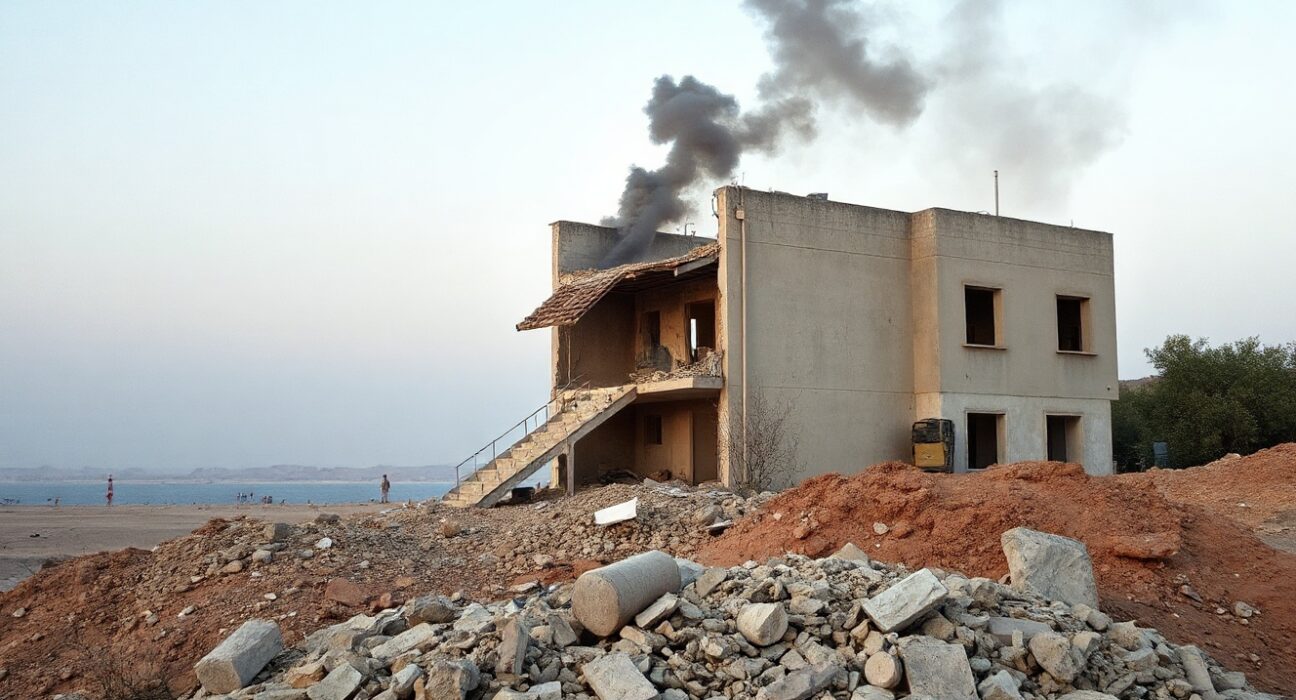 Smoke rises from a damaged building after a strike on Qeshm Island, Iran