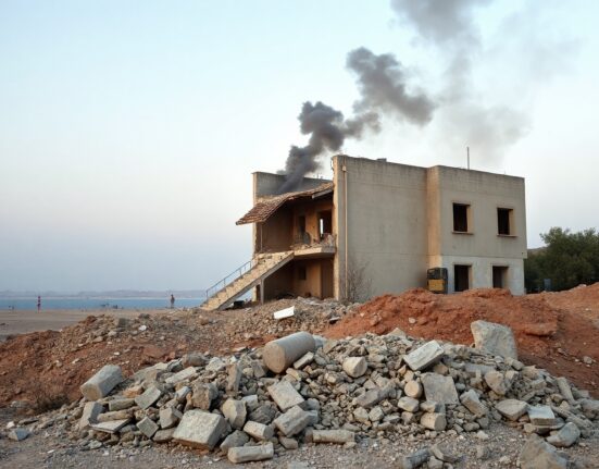 Smoke rises from a damaged building after a strike on Qeshm Island, Iran