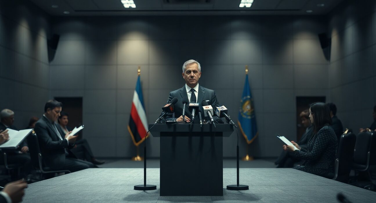 Iranian Foreign Ministry spokesperson at a press conference podium with microphones