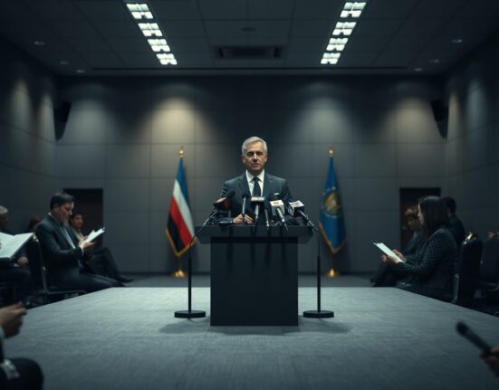 Iranian Foreign Ministry spokesperson at a press conference podium with microphones