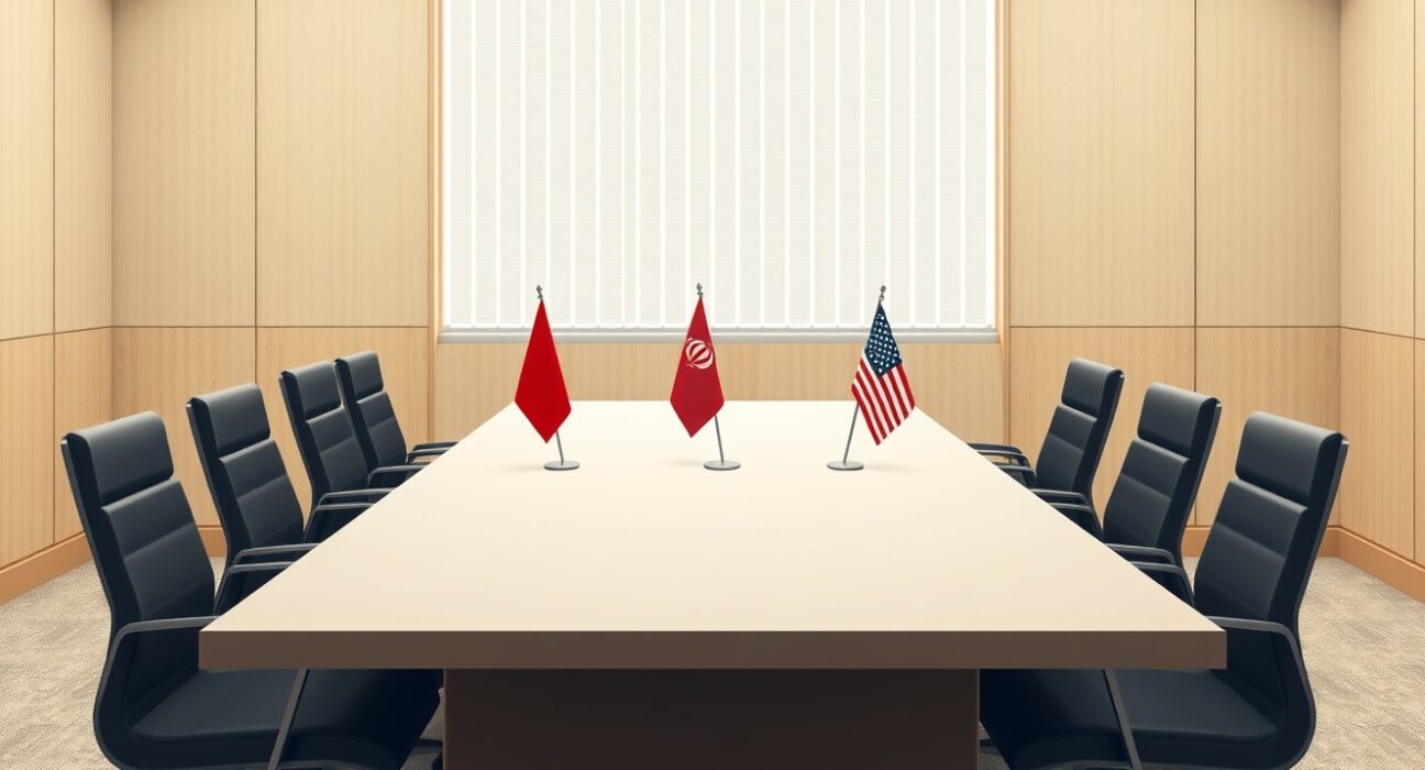 Empty diplomatic table between Iranian and US flags symbolizing canceled Iran US talks.