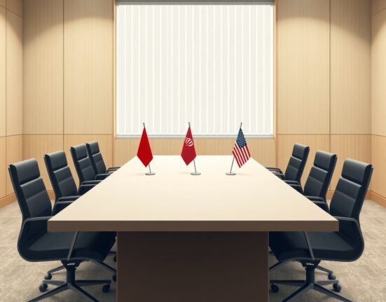 Empty diplomatic table between Iranian and US flags symbolizing canceled Iran US talks.