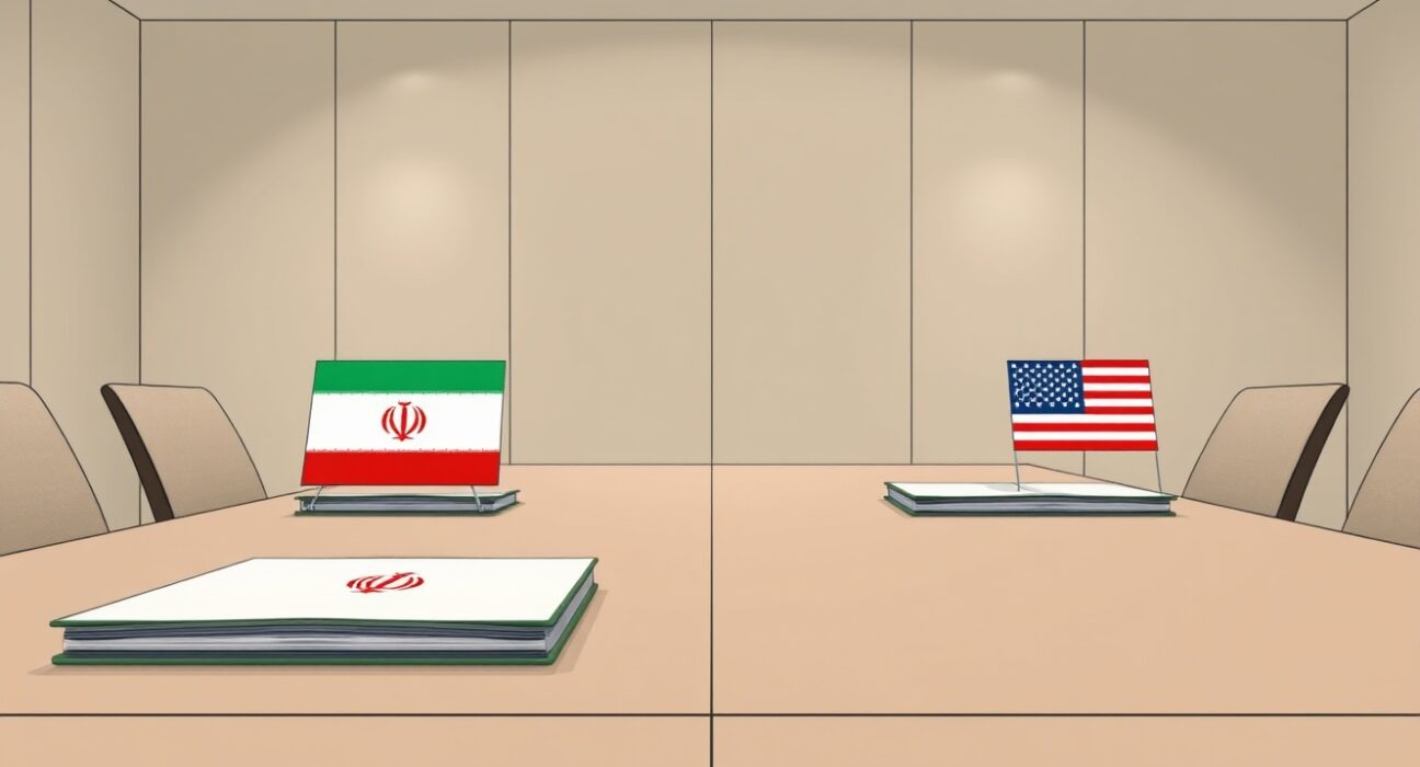 Symbolic representation of paused Iran US talks with diplomatic folders on a table.