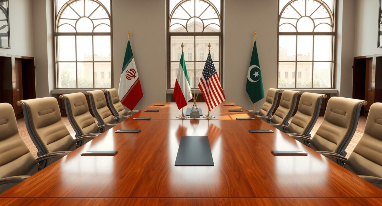 Diplomatic meeting setup for Iran US talks in Islamabad conference room with flags