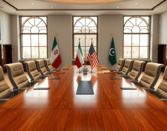 Diplomatic meeting setup for Iran US talks in Islamabad conference room with flags
