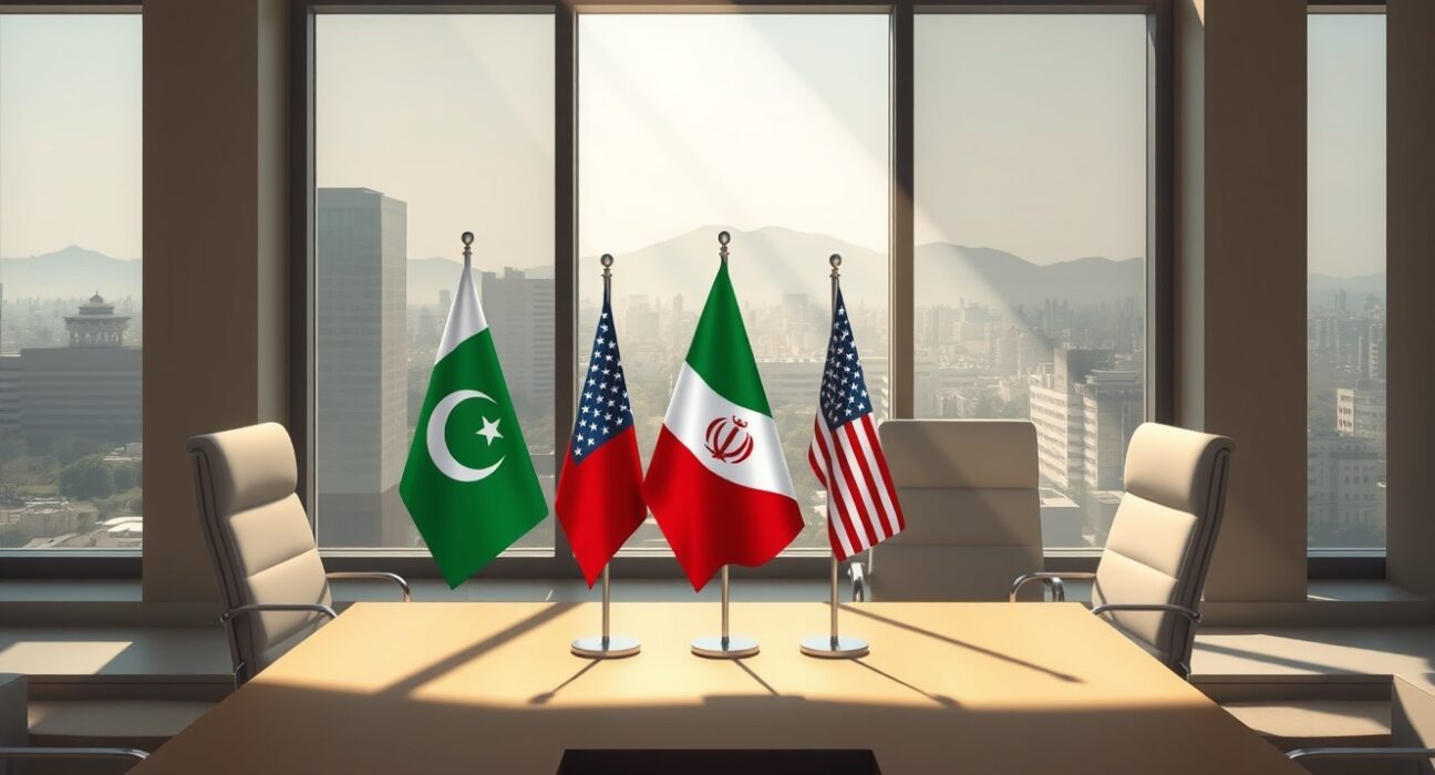 Diplomatic setting for Iran US talks in Islamabad conference room with flags