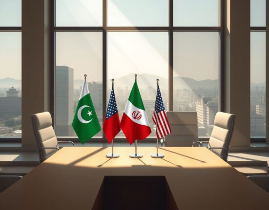 Diplomatic setting for Iran US talks in Islamabad conference room with flags