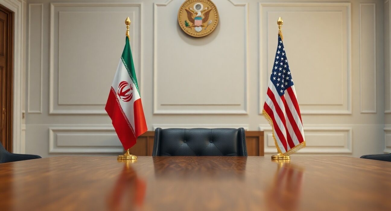 Iran and US flags on a table in a diplomatic negotiation room, symbolizing upcoming talks.
