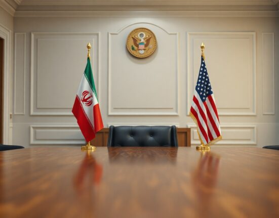 Iran and US flags on a table in a diplomatic negotiation room, symbolizing upcoming talks.