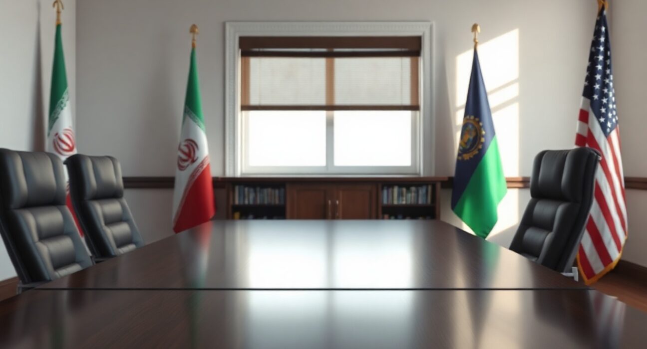 Empty negotiation table with Iranian and American flags in a diplomatic meeting room