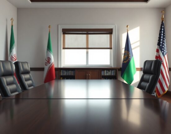 Empty negotiation table with Iranian and American flags in a diplomatic meeting room