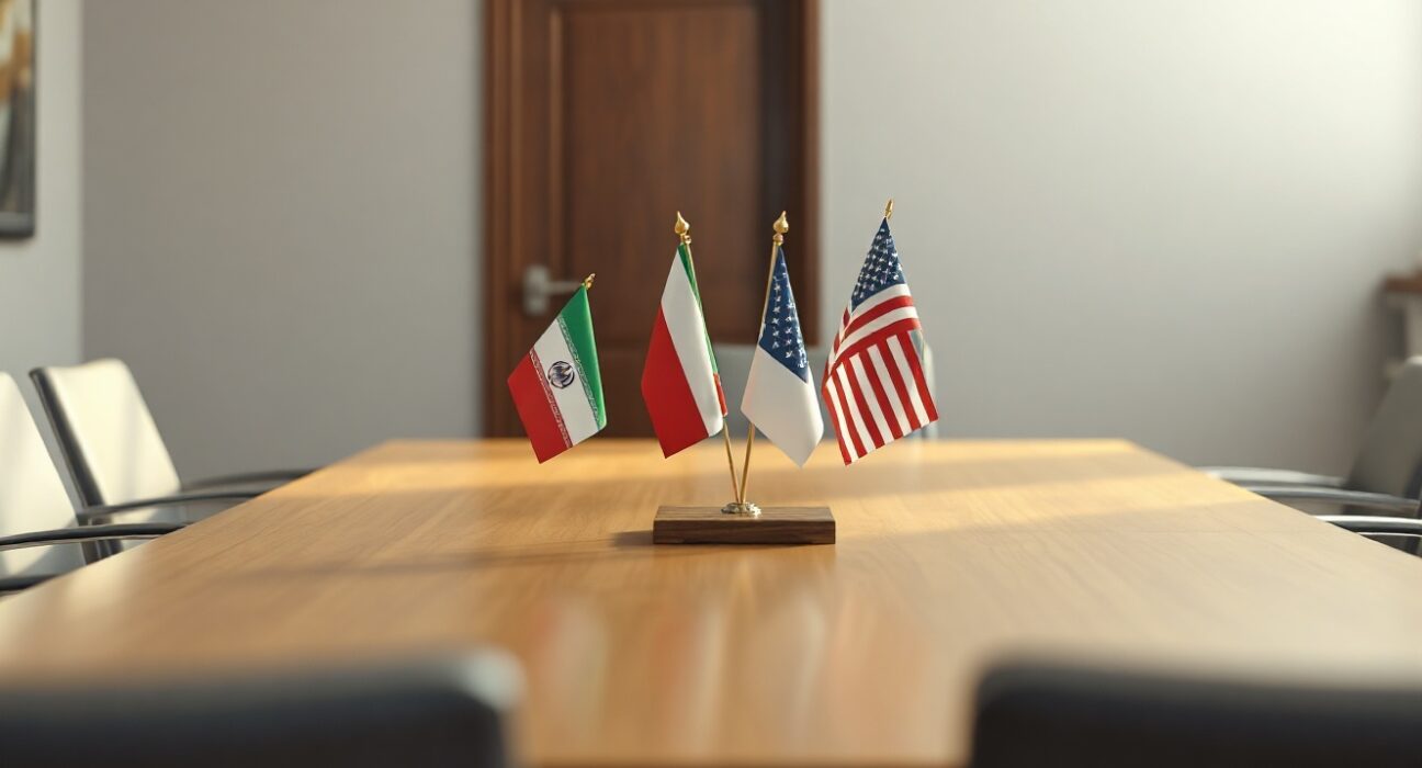Iran and US flags on a table in a diplomatic meeting room
