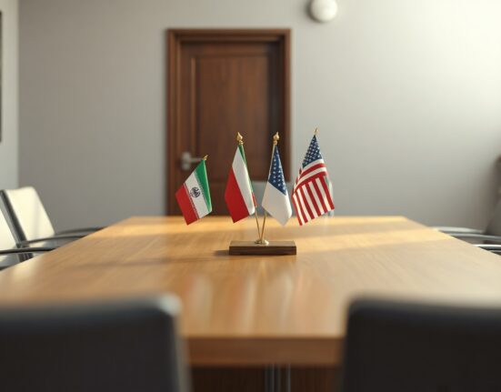 Iran and US flags on a table in a diplomatic meeting room