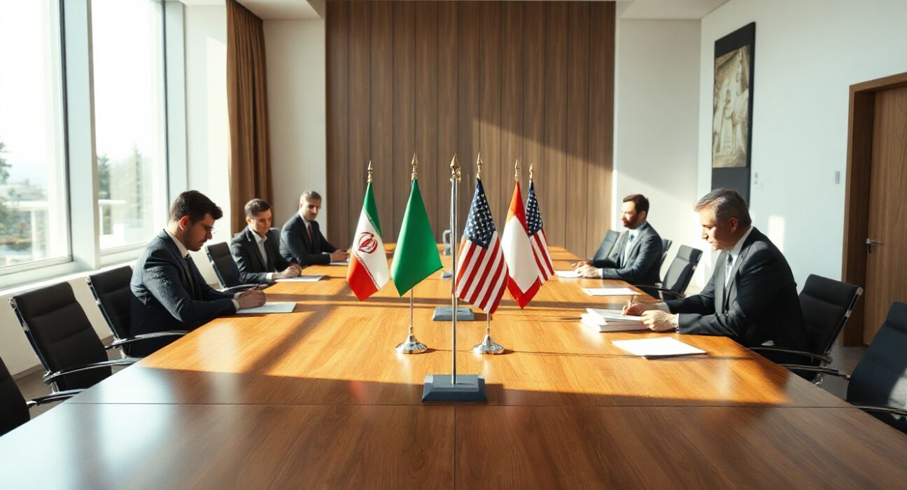 Diplomatic meeting between Iranian and US delegations in a Swiss conference room with flags on table