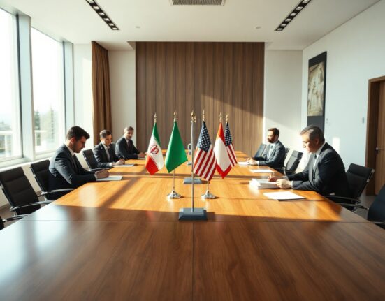 Diplomatic meeting between Iranian and US delegations in a Swiss conference room with flags on table