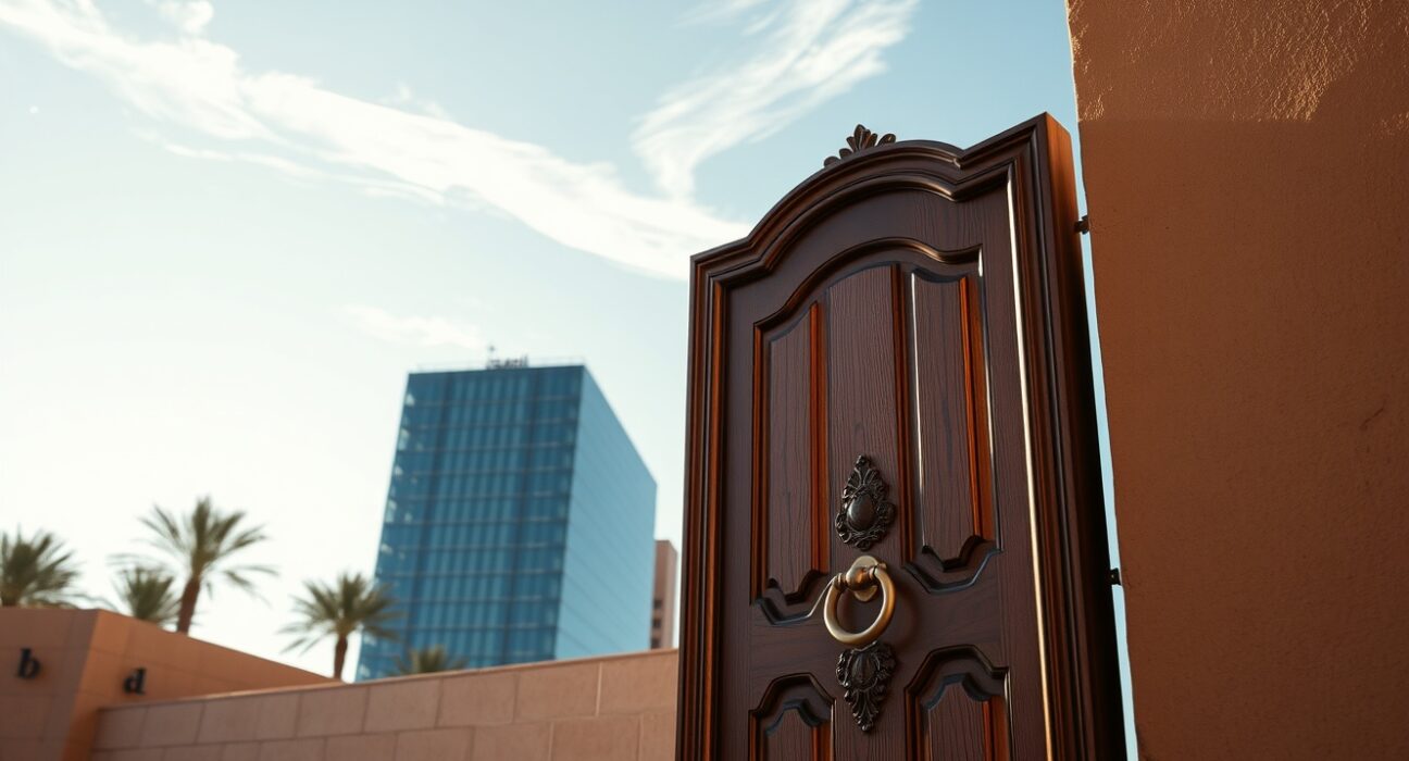 Diplomatic tension symbol: closed ornate door in Middle East with modern building background