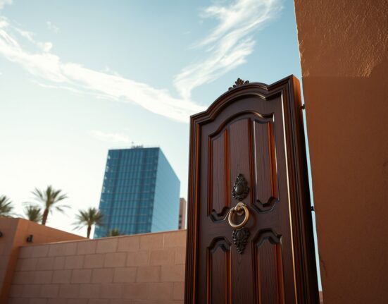 Diplomatic tension symbol: closed ornate door in Middle East with modern building background