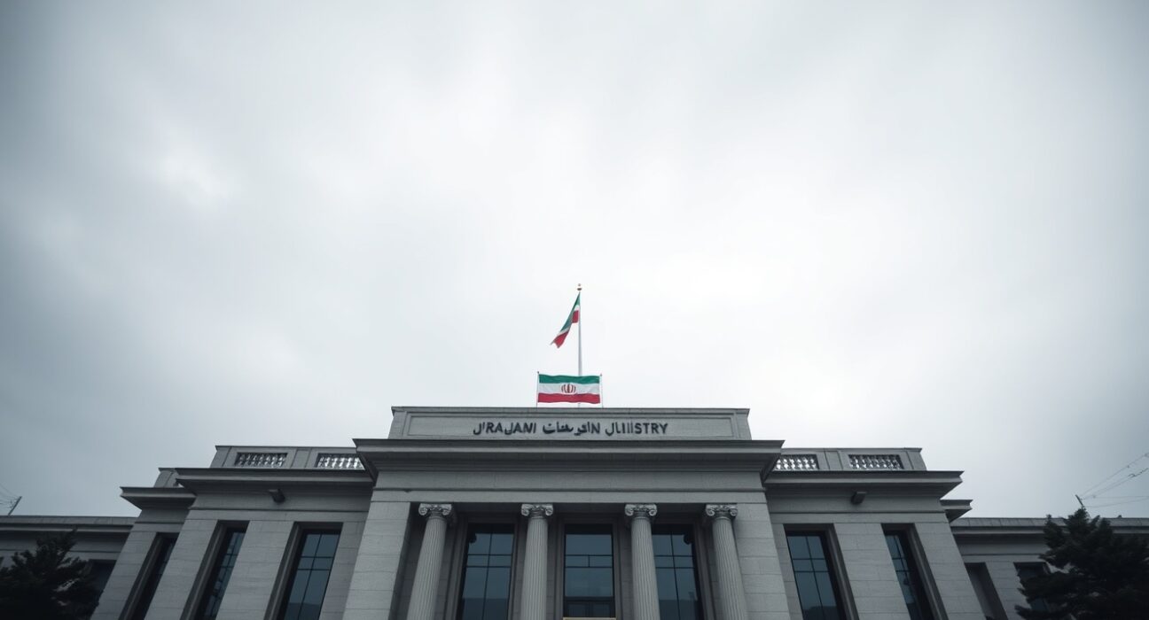 Iranian Foreign Ministry building in Tehran under overcast sky, representing diplomatic tensions.