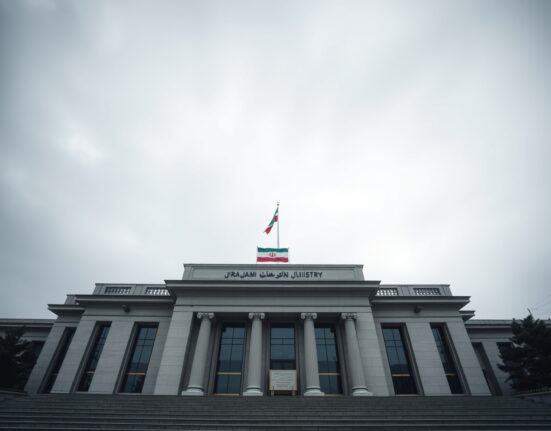 Iranian Foreign Ministry building in Tehran under overcast sky, representing diplomatic tensions.