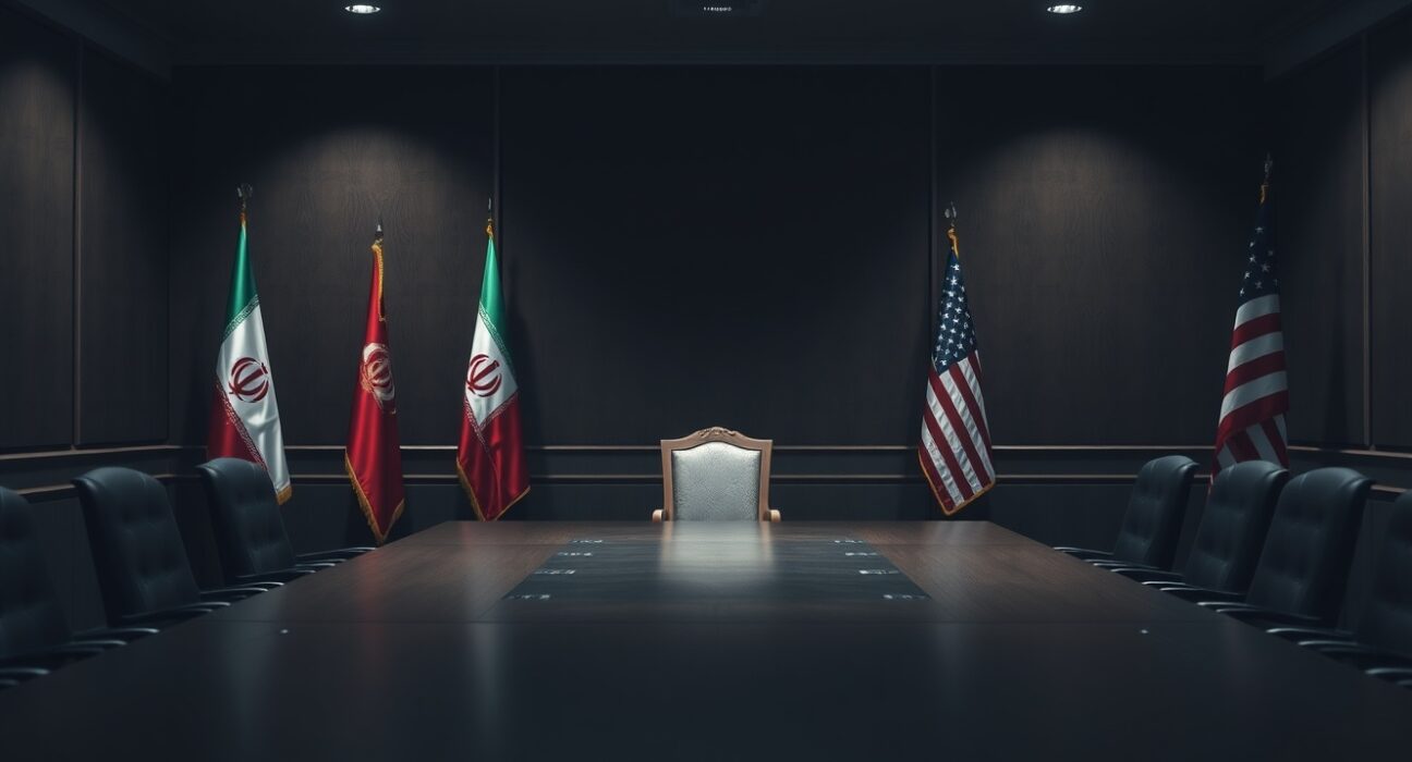 Iranian and US flags in a formal diplomatic meeting room setting