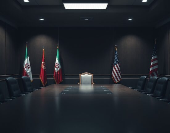 Iranian and US flags in a formal diplomatic meeting room setting